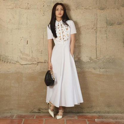 French Tea Break Dress Summer Polo Collar Hollow Out Cutout Three Dimensional Floral Decoration High Waist Dress Women