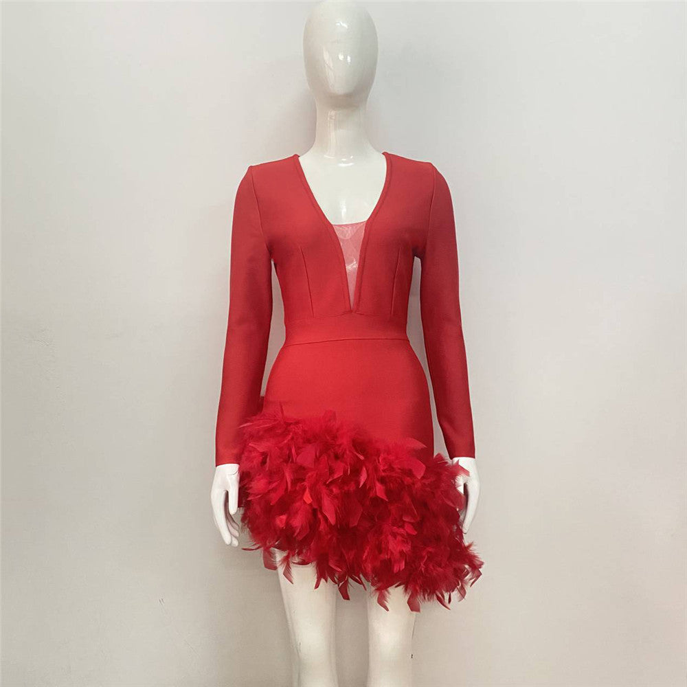 Robe bandage à plumes, robe de soirée sexy en maille à manches longues