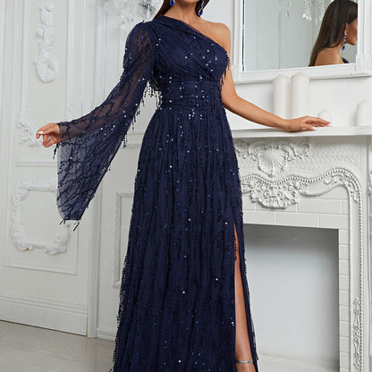 Sequin Dress Oblique Shoulder One Sleeve Cocktail Evening Dress Slit Elegant Dress