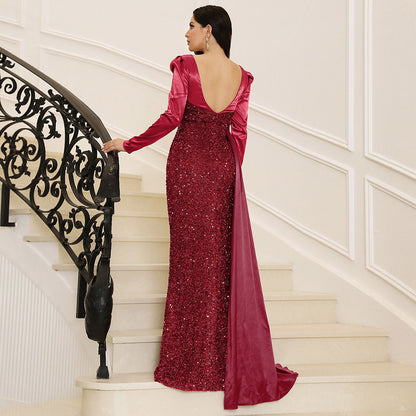 Robe de soirée rouge pour femmes, de haute qualité, épaules dénudées, dos nu, paillettes, robe de Toast, Cocktail