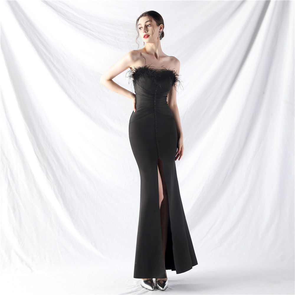 Art Bag Buckle Hand Ordered Ostrich Feather Satin Long Evening Dress