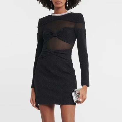 Robe de printemps en maille strass, robe noire à manches longues, Semi-transparente, vêtements Sexy pour femmes