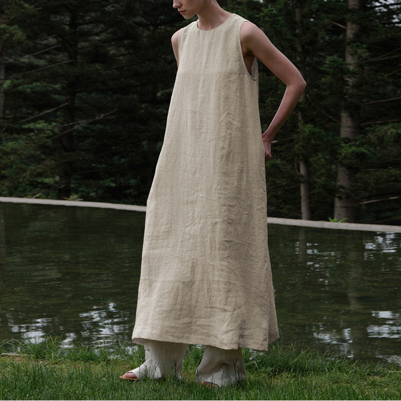 Robe Maxi en coton et lin, style pastoral français, sans manches, dos nu, ajouré, Niche décontractée, ample, été