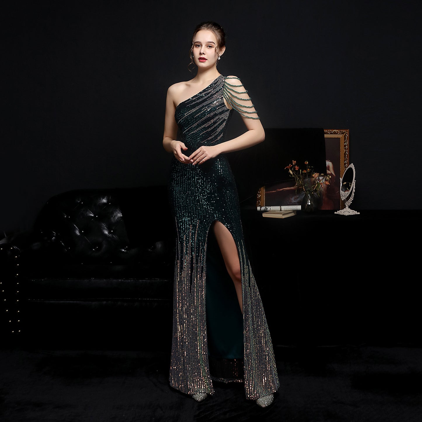 Craft Colorful Sequin Socialite Gathering Party Evening Dress Sexy Long Slimming Toast Dress Bride Formal Gown