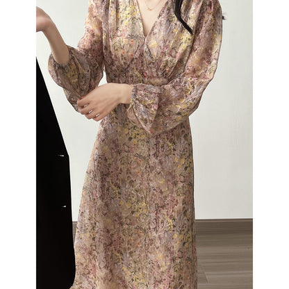 Gentle Vneck Floral Dress for Women Spring Summer Korean Long Sleeve Cinched MidLength Dress