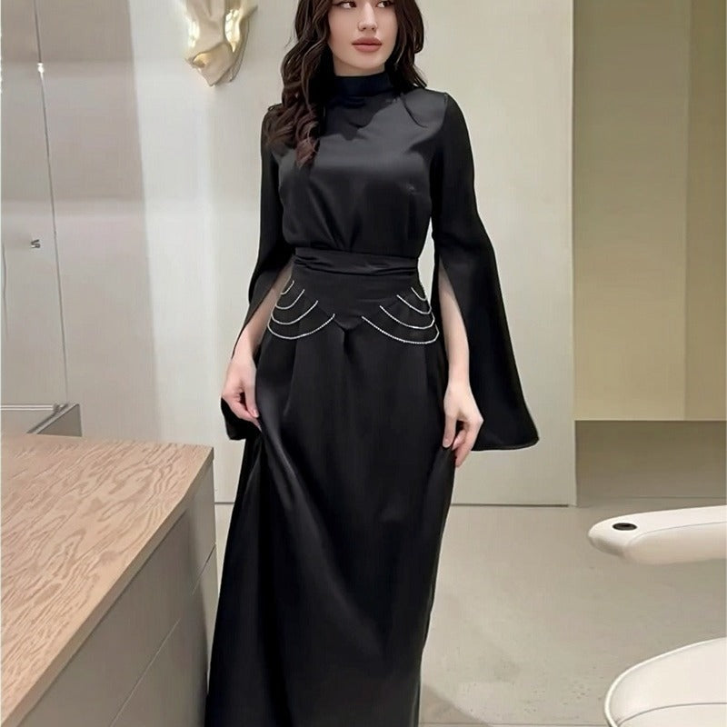 Autumn Solid Color Split Long Sleeve Belt Slim Dress