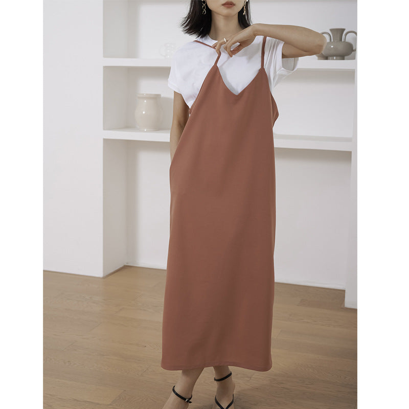 Simple Casual All Match Sling Dress Women Length Adjustable Solid Color Loose Maxi Dress