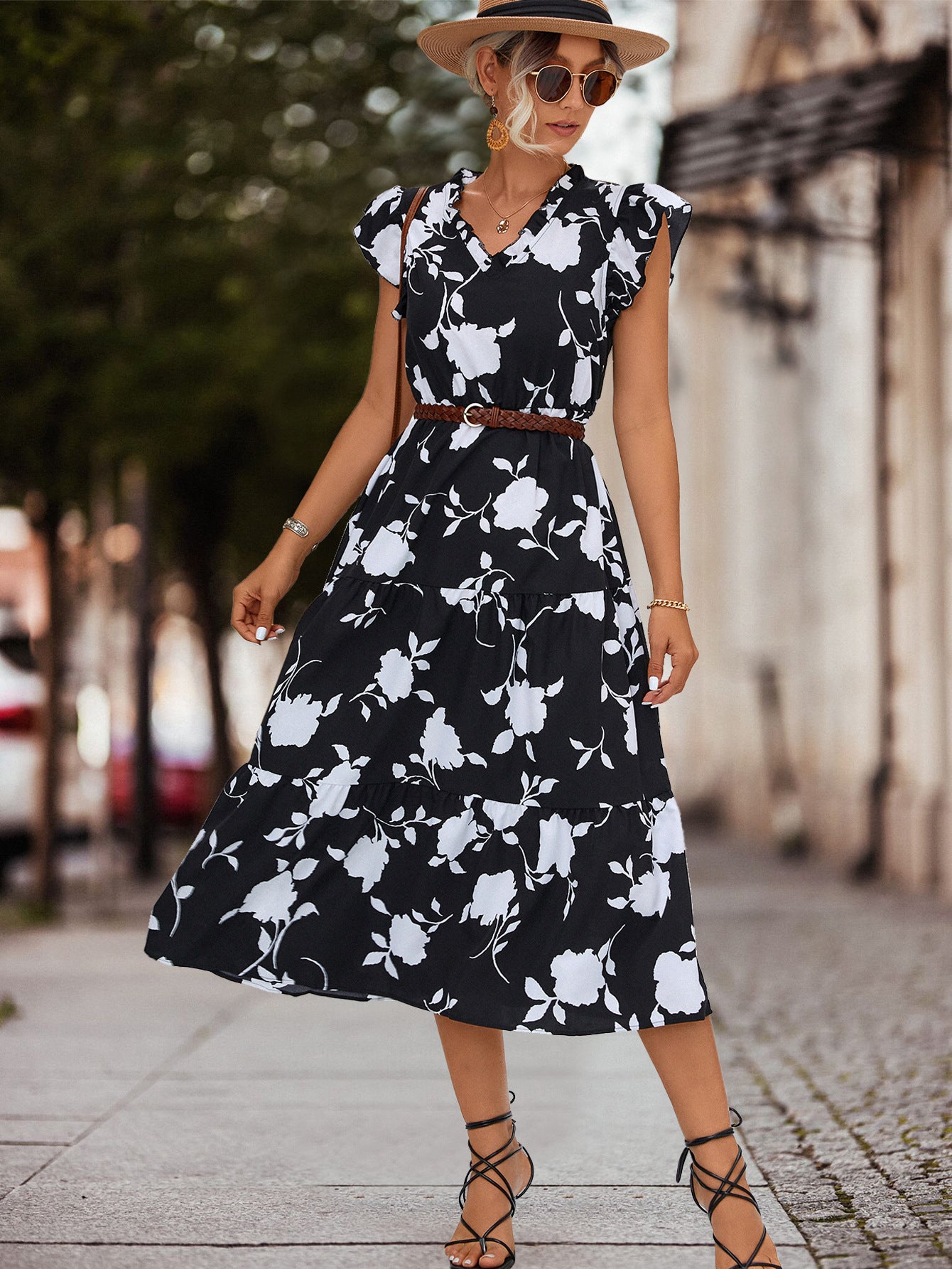 Spring Summer Popular V neck Printed Flying Sleeves Dress