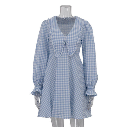 Women Clothing Office Design A line Dress Pink Plaid Butterfly Collar Long Sleeve Dress