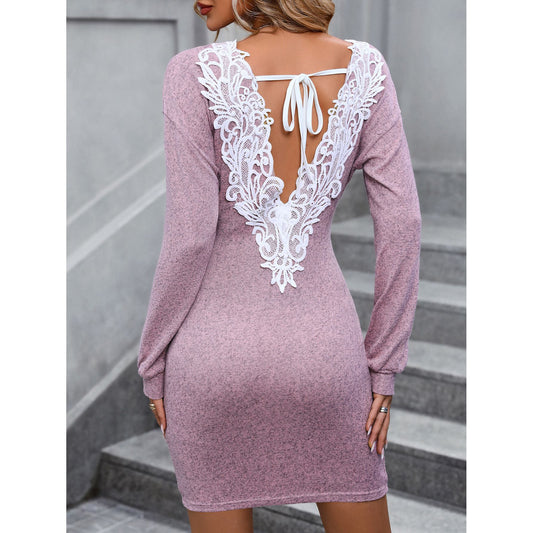 Falda de moda Mujer Otoño Manga larga Cuello en V Vestido sin espalda sexy