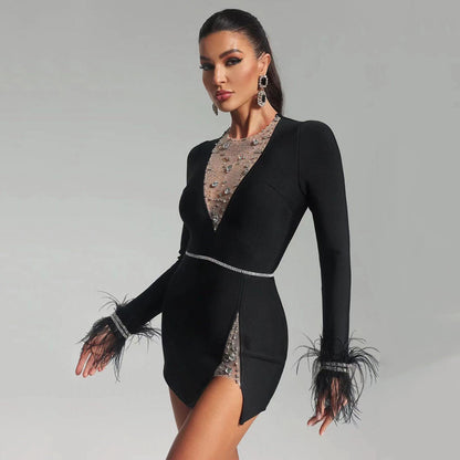 Robe de soirée Sexy en maille et plumes de diamant, manches longues, à bandes, pour dames