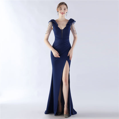 Robe de soirée haut de gamme en satin organza perlé pour cérémonie annuelle de réunion