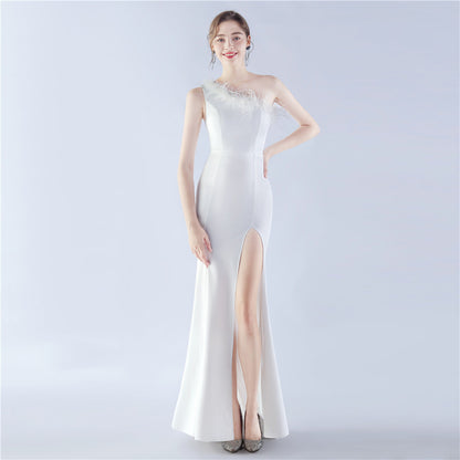 Satin Craft Order Ostrich Feather Dinner Exhibition Wedding Evening Dress