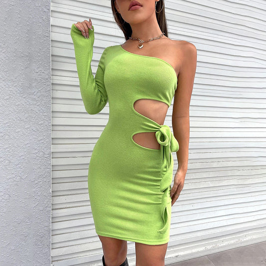 Autumn Winter Women Hollow Out Cutout out Strap Shoulder Collar Sheath Sleeveless Short Long Sleeve Dress