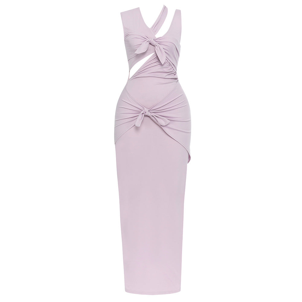 Dress Simple Sexy Slim V-neck Sleeveless Bow Maxi Dress Women