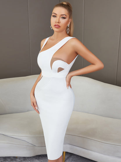 Summer Vest Sleeveless Sexy Backless White Mid Length Tight Bandage One Piece Dress Women Elegant Lady Of Note Evening Dress