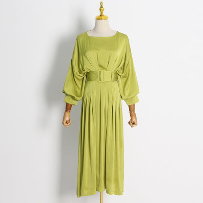 Autumn French Socialite Green Solid Color Pleated Dress round Neck Long Sleeve Waist Dress