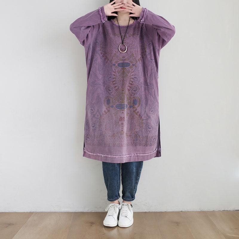 Personality Sweater Ethnic Art round Neck Mid Length Purple Gradient Dress