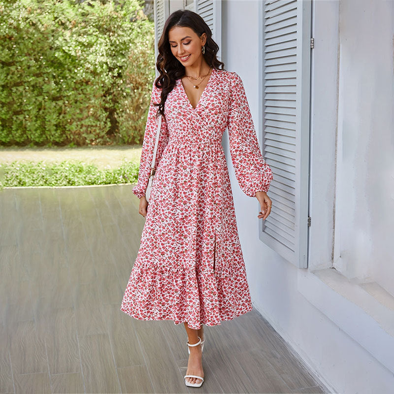 Women Elegant Office Small Floral Flounce Smocking Lantern Sleeve Long Sleeve Maxi Dress