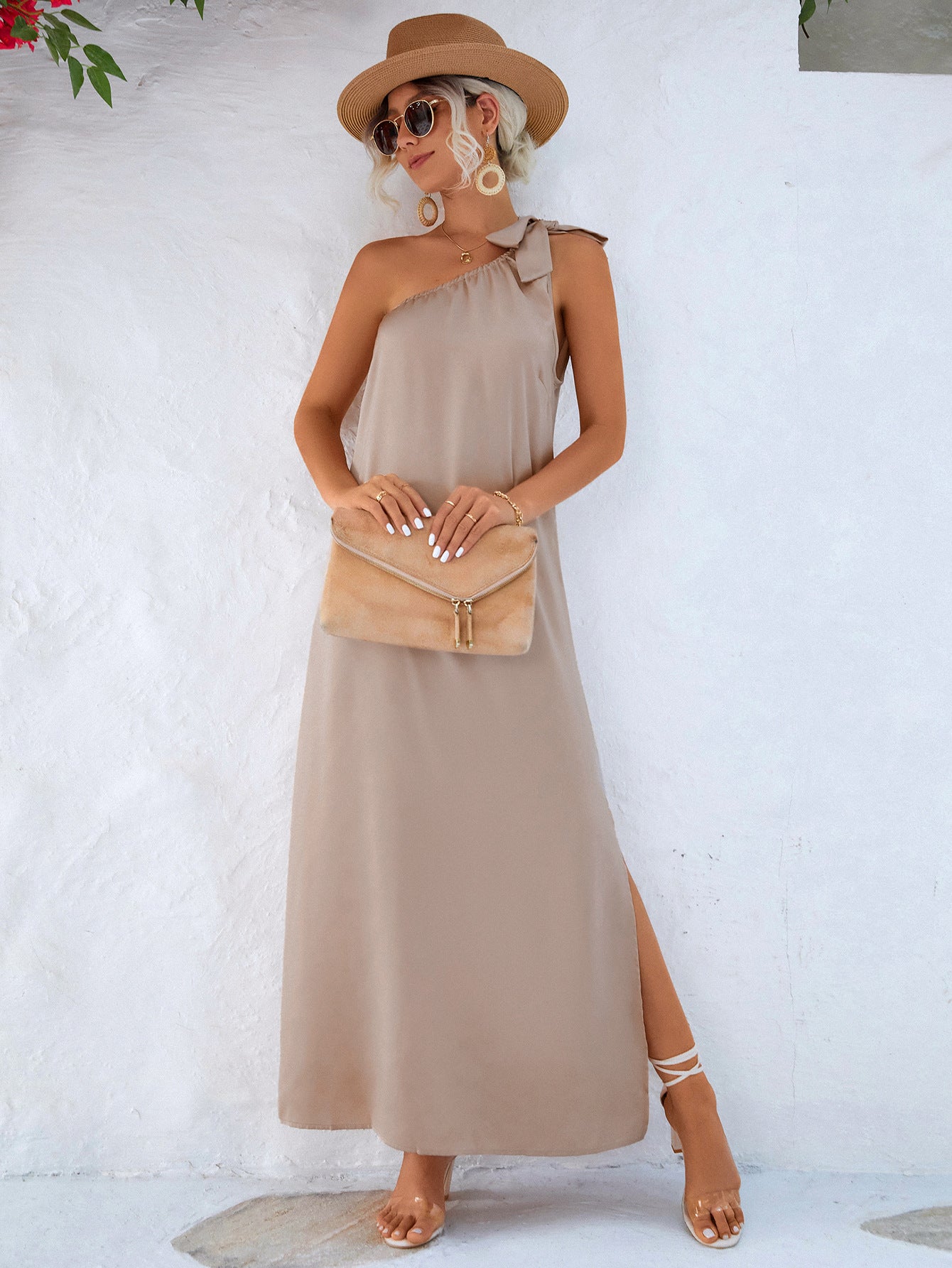 Spring Summer Eaby Oblique Shoulder Tied Dress