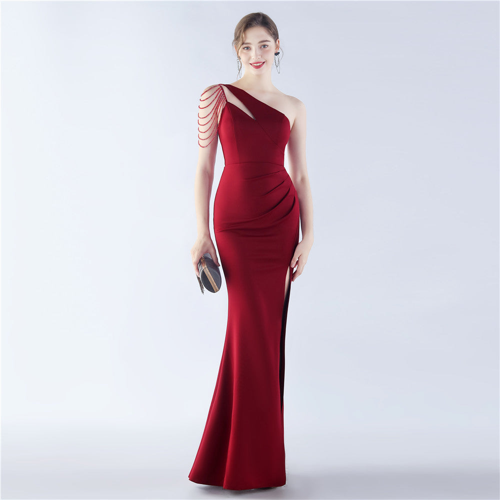 Craft Beaded Satin One Shoulder Diagonal Collar Long Evening Dress