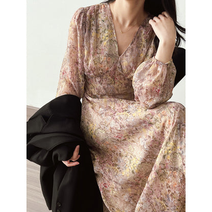 Gentle Vneck Floral Dress for Women Spring Summer Korean Long Sleeve Cinched MidLength Dress