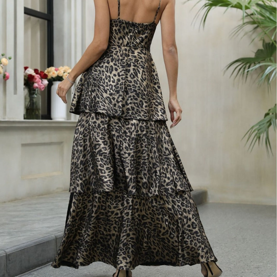 Leopard Print Printed V Neck Sexy Sexy Dress Waist Slimming High Class Elegant Socialite Dress