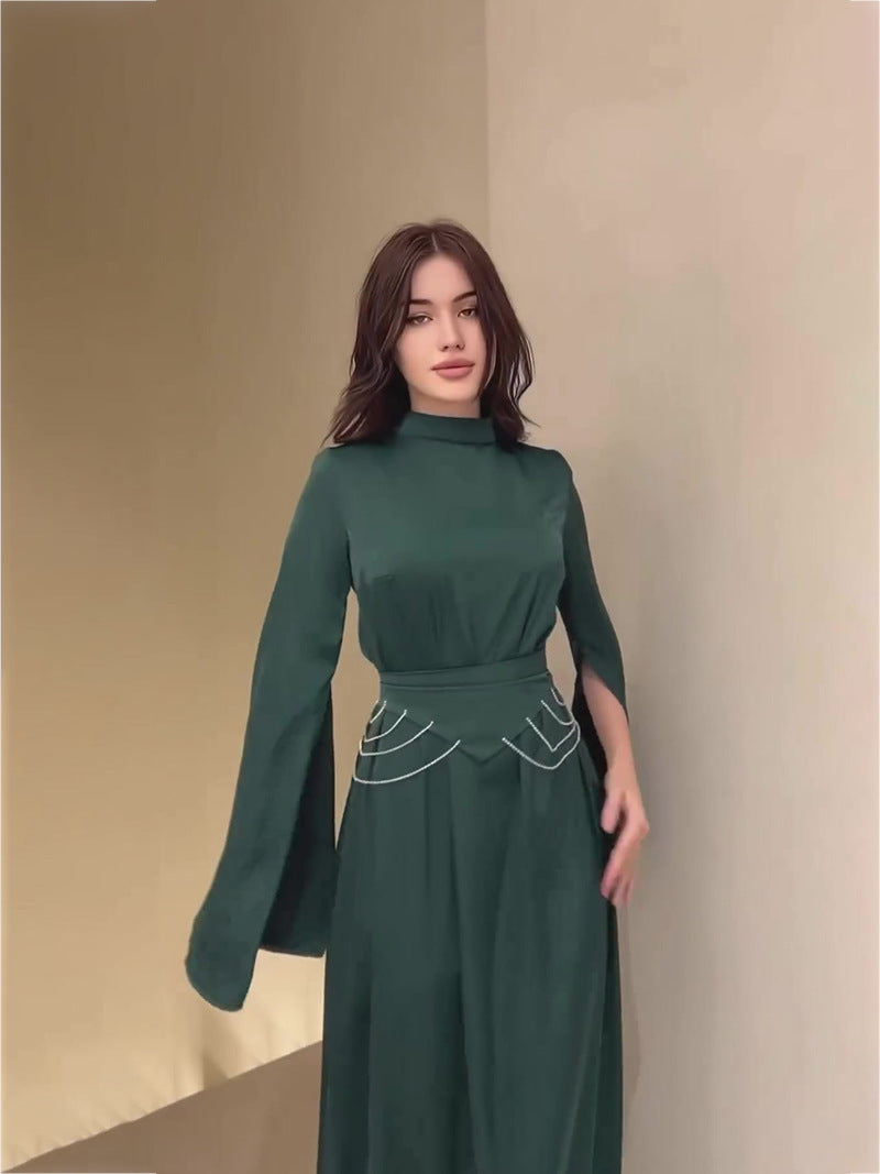 Autumn Solid Color Split Long Sleeve Belt Slim Dress