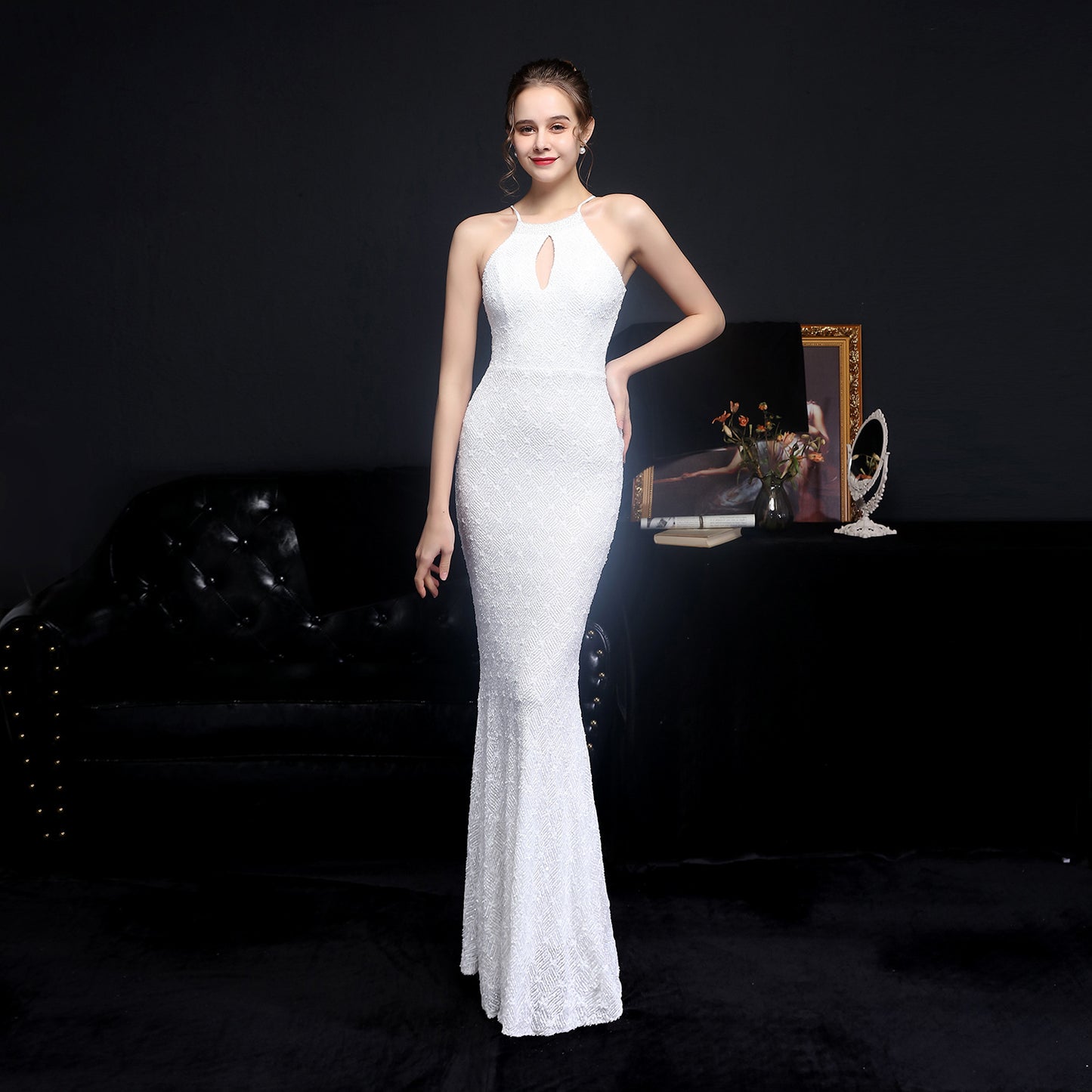 Cocktail Elegant Long Halter Set Diamond Sequined Aura Queen Fishtail Evening Dress