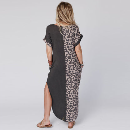 Dress Leopard Print Two Colors round Neck Short Sleeve Split Dress