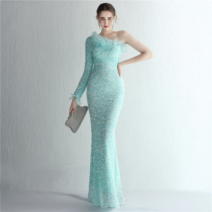 Handmade Sequin Craft Yarn Ladies Cocktail One Shoulder Long Sleeve Long Sequined Aura Queen Fishtail