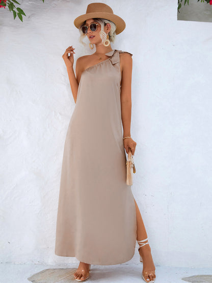 Spring Summer Eaby Oblique Shoulder Tied Dress