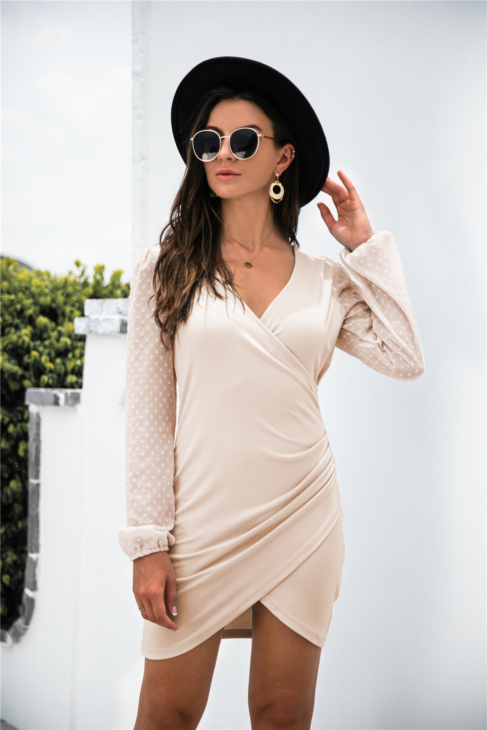 Autumn Winter Jacquard Stitching V Neck Long Sleeve Dress