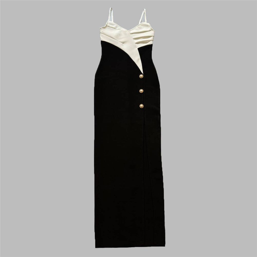 Suspender Black White Contrast Color V neck Buttons Dress Elegant Slim Bandage Dress