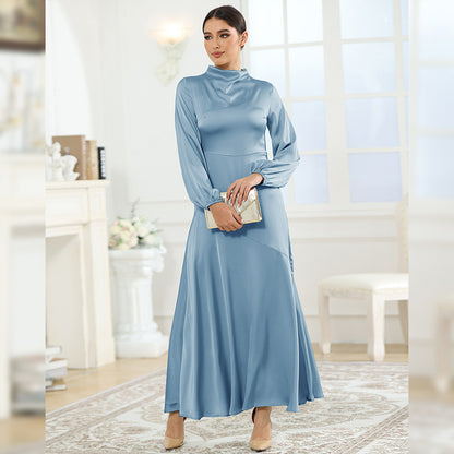 Autumn Satin Conservative Long Sleeve Loose Dress Elegant Women Clothing Evening Dress