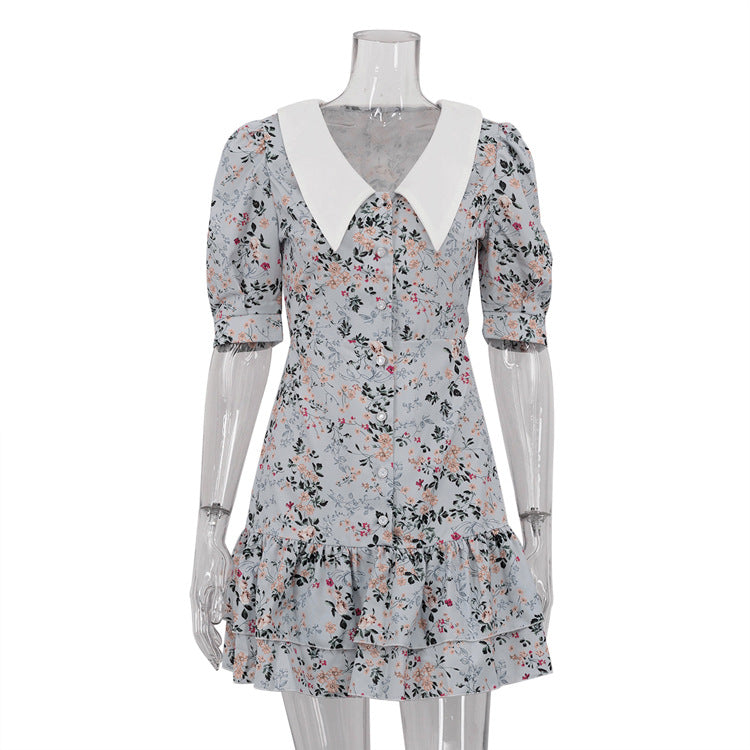 Vestido Floral de verano para mujer, vestido francés de manga corta con cuello, cintura ajustada, adelgazante, corte en A