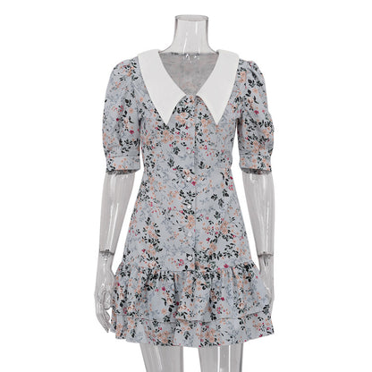 Robe à fleurs pour femmes, tenue française d'été de haute qualité, manches courtes, col, taille serrée, amincissante, pause thé, robe trapèze