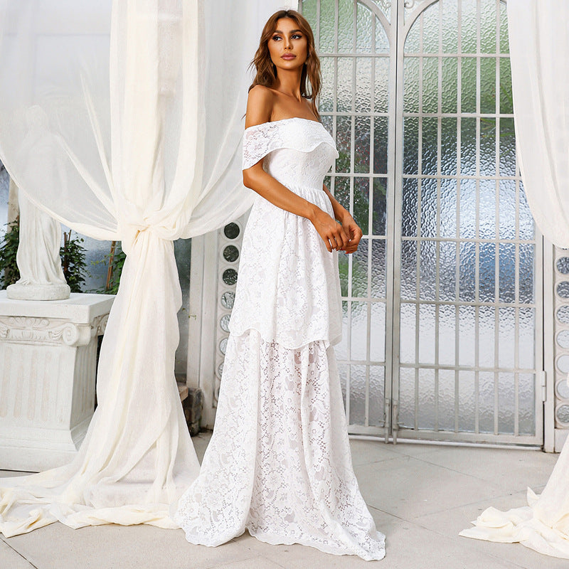 Cocktail Toast Dress Lace Stitching White off Shoulder Chinese Wedding Dress Bridesmaid Dress Evening Dress Women