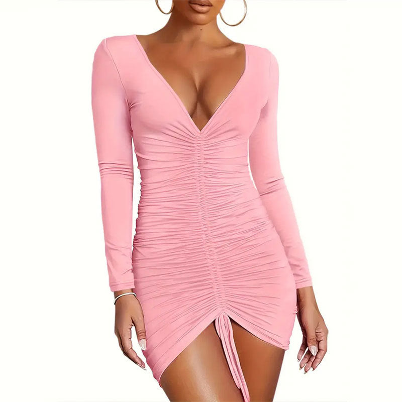 Femmes Sexy coupe ajustée plissage col en V à manches longues robe printemps été femmes conception hanche courte