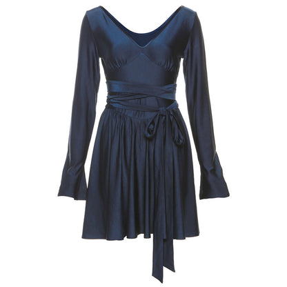 Automne hiver femmes vêtements col en V Sexy dos nu à lacets taille serrée robe élégante pour les femmes