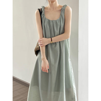 Design Sleeveless Dress Summer Lace up U Neck Backless Mid Length Vest Dress