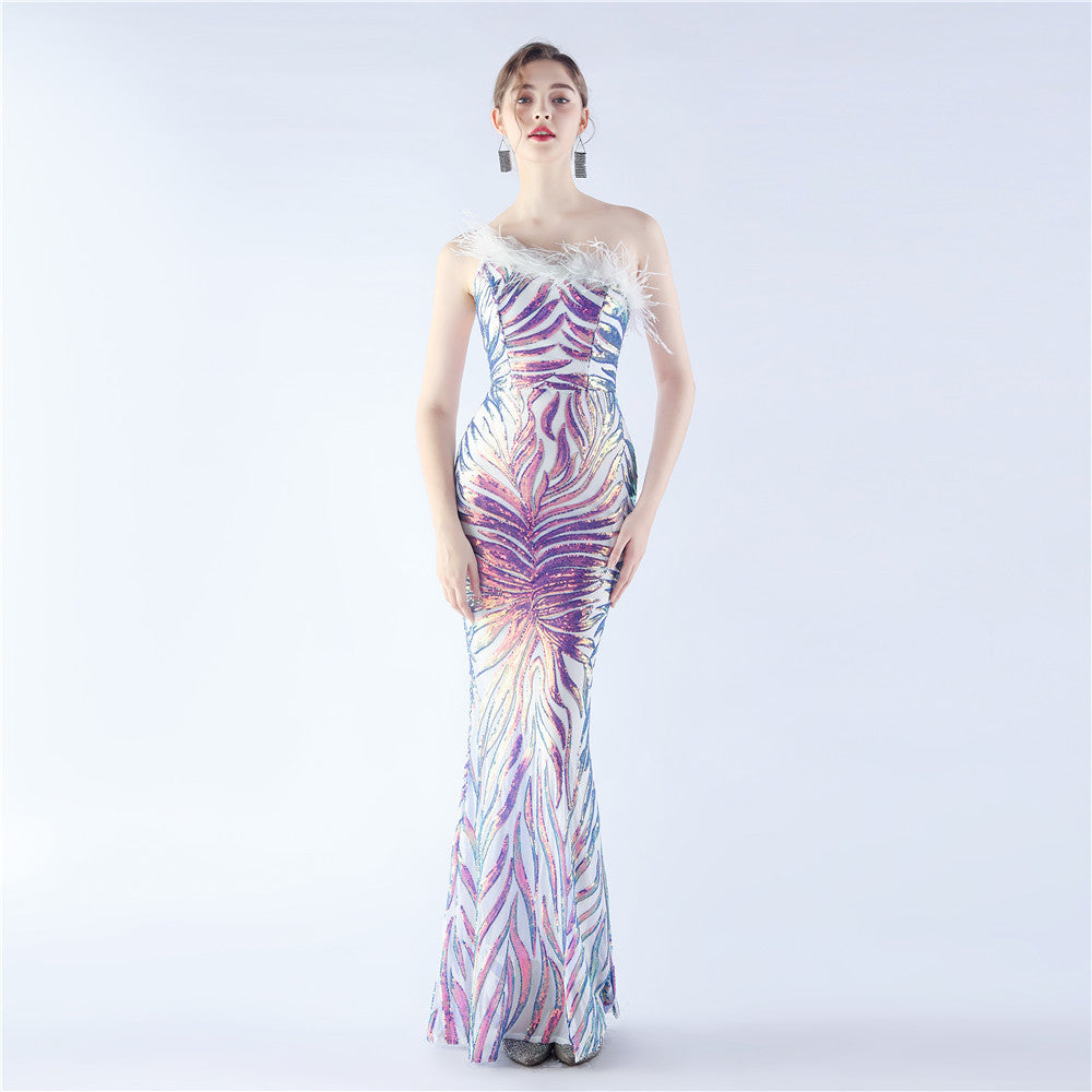 Positioning Floral Sequin Craft Order Ostrich Feather One Shoulder Diagonal Collar High End Evening Dress