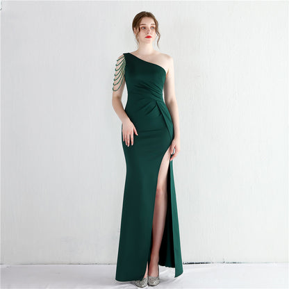 Satin Beaded Long One Shoulder Debutante Gala Dinner Slim Fit Fishtail Dress Wedding Car Model Exhibition Dress