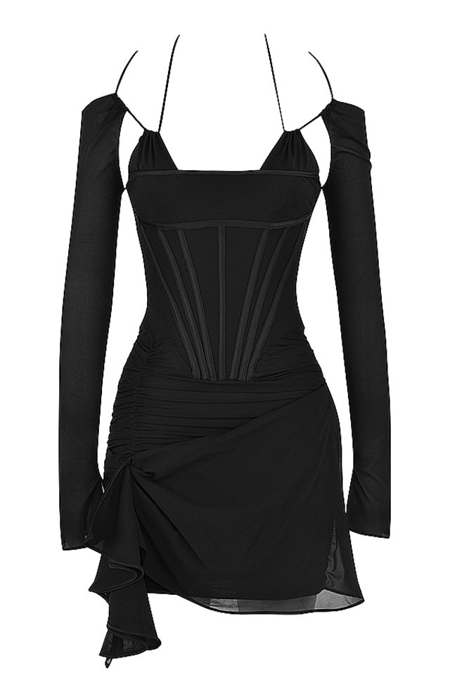 Robe à ceinture en maille noire printemps été épaules dénudées bretelles spaghetti manches longues robe plissée aux hanches