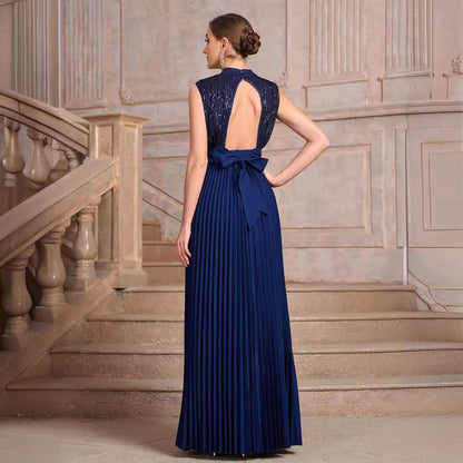 Robe de soirée cocktail plissée à lacets et à sequins de couleur unie, dos nu, sans manches, coupe slim, pour femmes