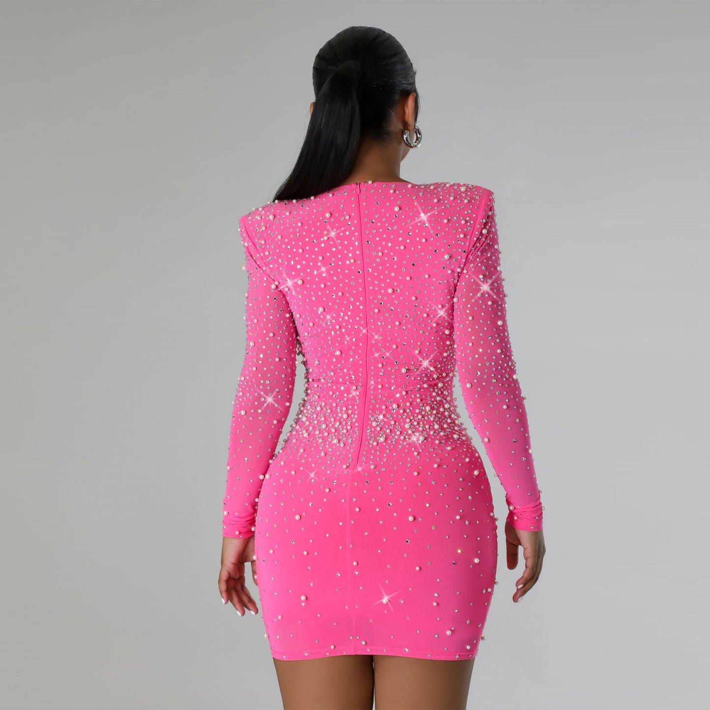 Sexy Slim Fit Rhinestone Slim Fit Elastic Hip Long Sleeve Dress