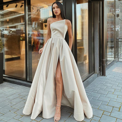 Women Clothing One-Shoulder Tube Top Dress Maxi Dress Sexy Slit Large Swing Dress