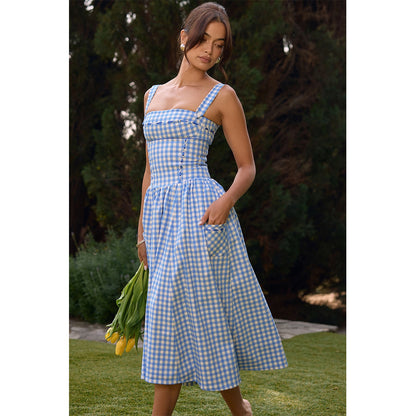 Sexy Women Clothing Summer Pastoral Mid Length Blue Plaid Sling Dress Summer Women High Sense Vacation Dress