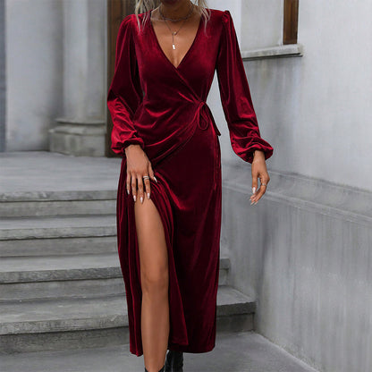 Autumn Winter Women Clothing Wine Red Party Party Velvet Mid Length Dress