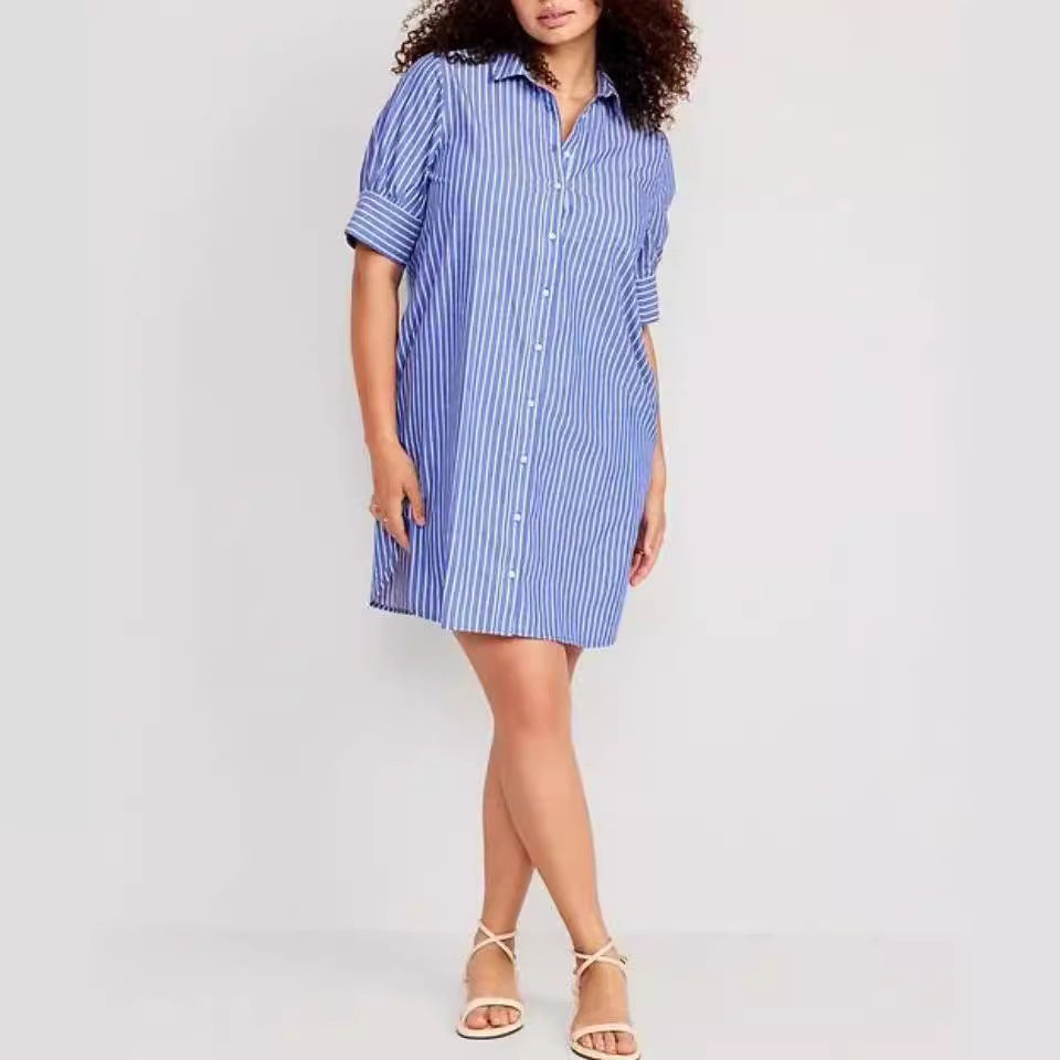 Spring Summer Striped Pocket Single Breasted Casual Office Dress for Women